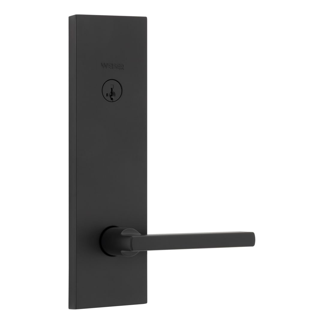 Weiser Halifax Exterior Door Lock Set in Matte Black Single Cylinder with Halifax Door Handle and Plate with SmartKey Security