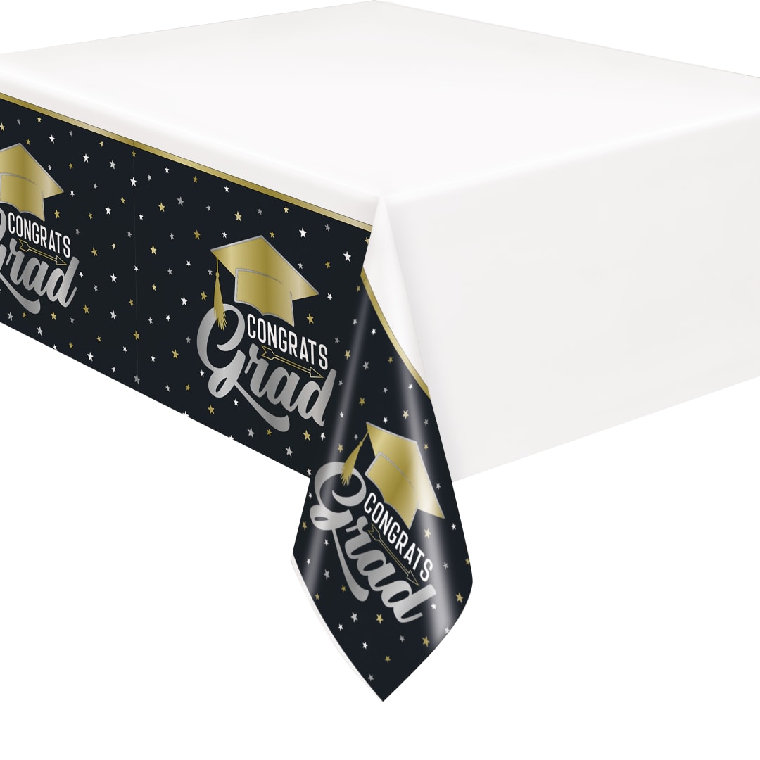 Stars &amp; Caps Graduation Rectangular Plastic Table Cover, 54" x 84"