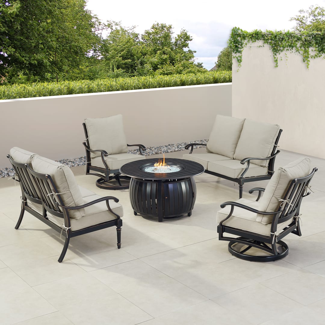 Black Aluminum Patio Fire Table Set with Two Deep Seating Loveseat with Cushions and Two Club Chairs
