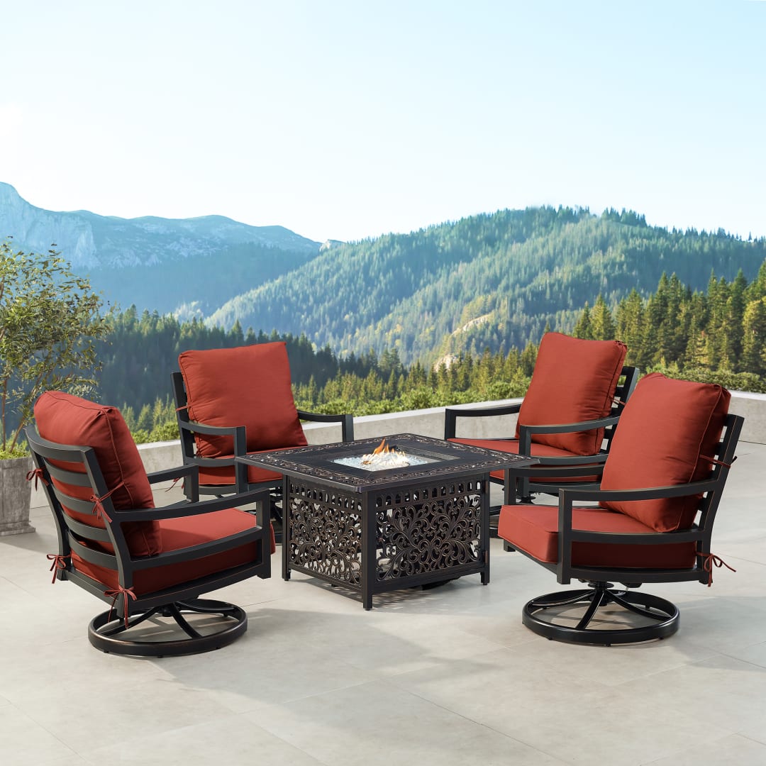 Black Aluminum Patio Fire Table Set with Four Club Chairs