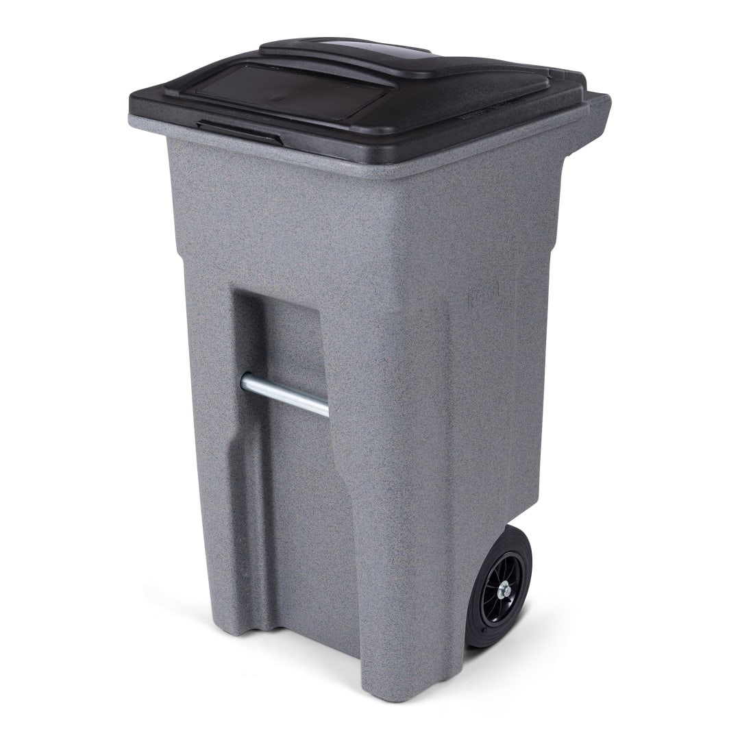 32 Gal. Graystone Trash Can with Quiet Wheels and Attached Black Lid