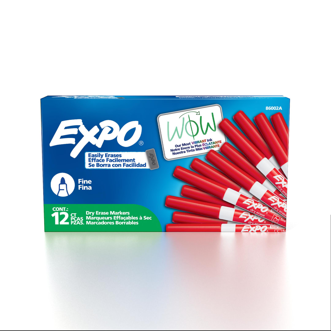 EXPO Dry Erase Markers, Low Odor Ink, Red, Fine Tip, 12 Count