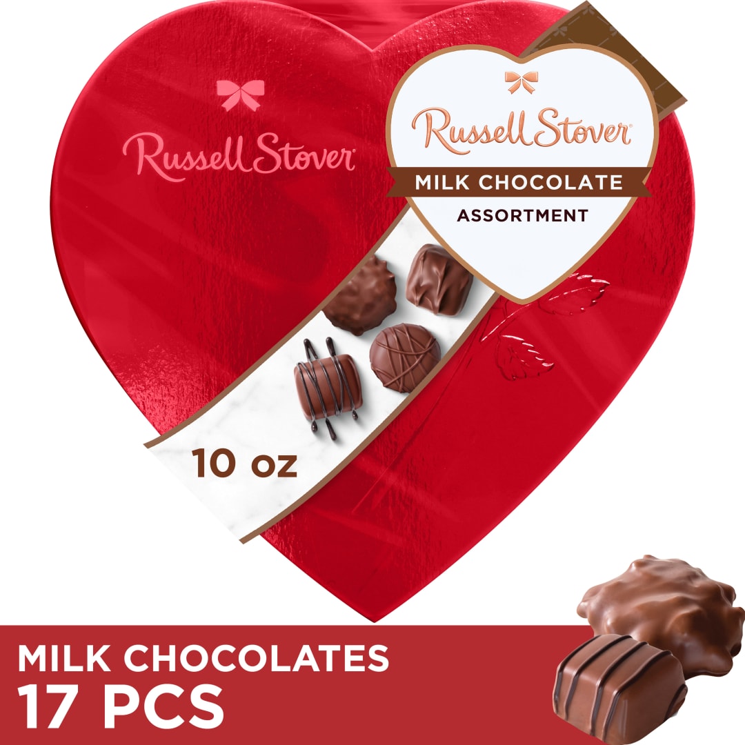 RUSSELL STOVER Valentine's Day Red Foil Heart Assorted Milk Chocolate Candy Gift Box, 10 oz.