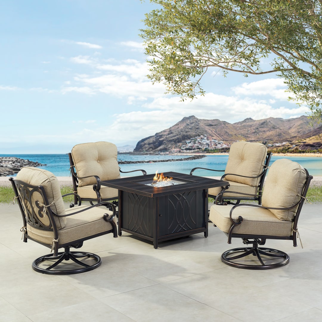 Black Aluminum Patio Fire Table Set with Four Club Chairs
