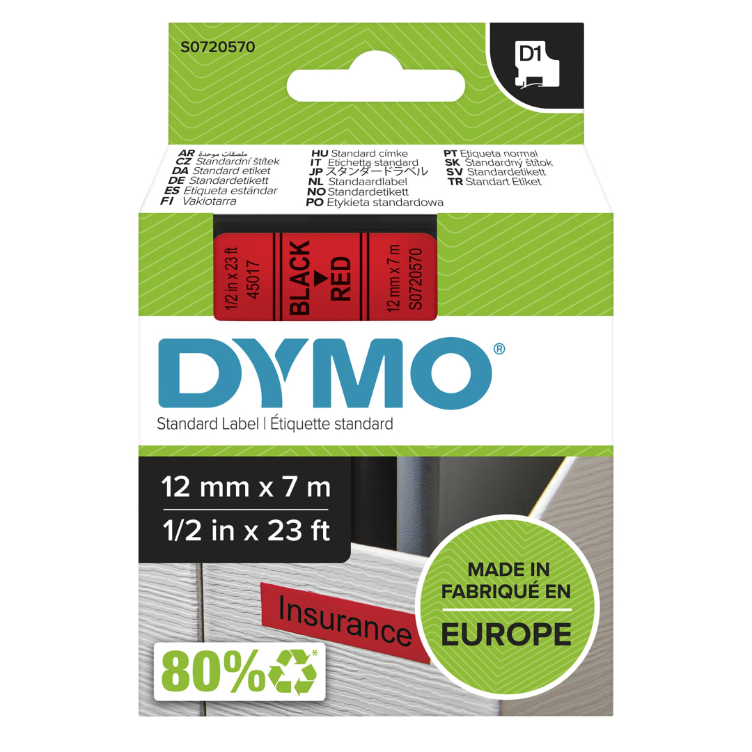 DYMO D1 etiquetas autnticas | impresin negra sobre fondo rojo | 12mm7m | etiquetas autoadhesivas para etiquetadoras LabelManager