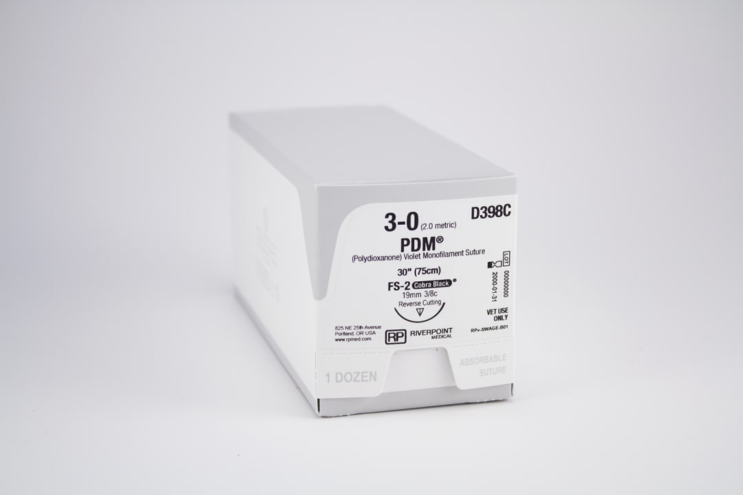 PDM PDO Suture, USP 3-0 with 19mm FS-2 Reverse Cutting 3/8 Circle Cobra Black Needle, Violet, 75cm, Sterile