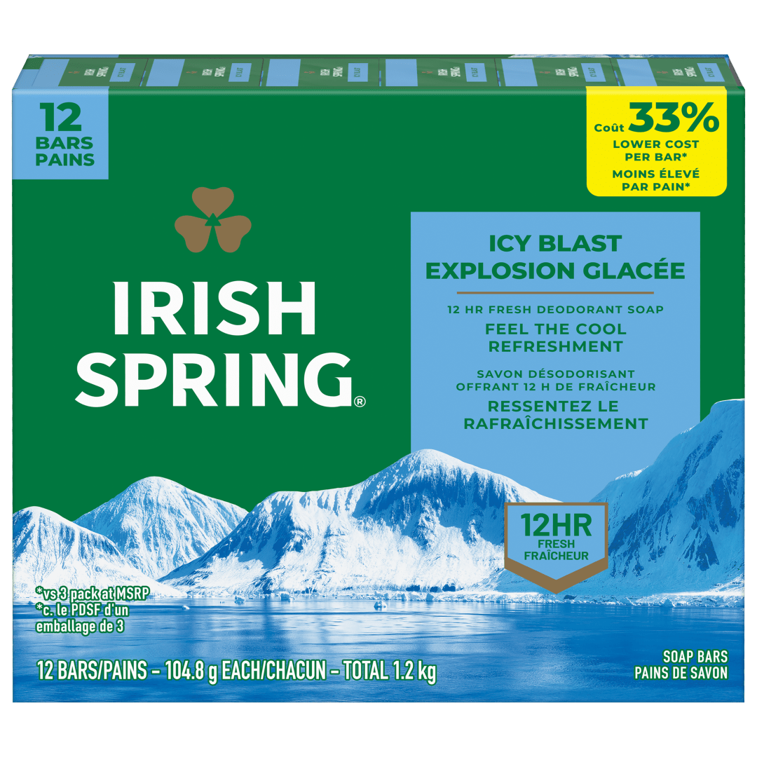Pain de savon désodorisant Irish Spring Icy Blast pour homme, Avec huile de lin, Savon désodorisant offrant 12 heures de fraîcheur, Pain de 104,8 g (lot de 12)