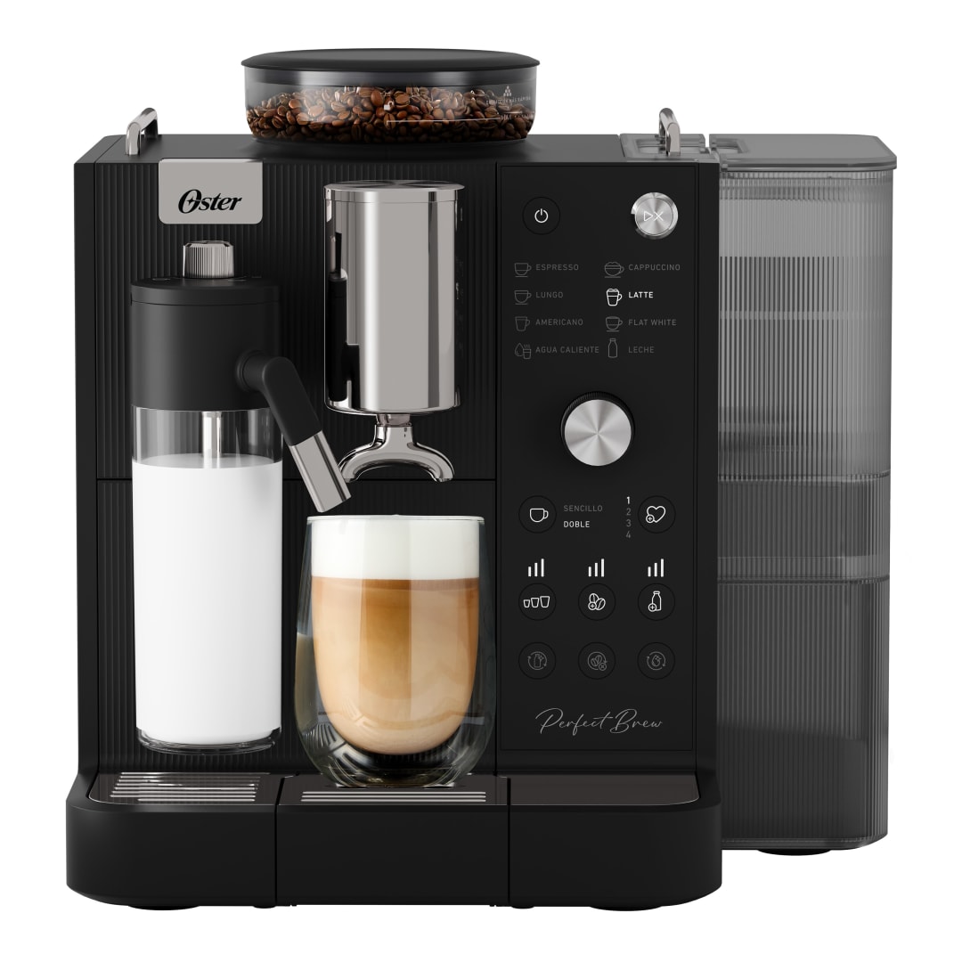 Oster Cafetera Espresso Súper Automática Perfect Brew Super Auto, 19 Bar con Espumador de Leche, Molinillo de Muelas, 2 Tolvas para Cafe en Grano, para Cappuccino, Latte Frío y más, Negro, BVSTEM8101.
