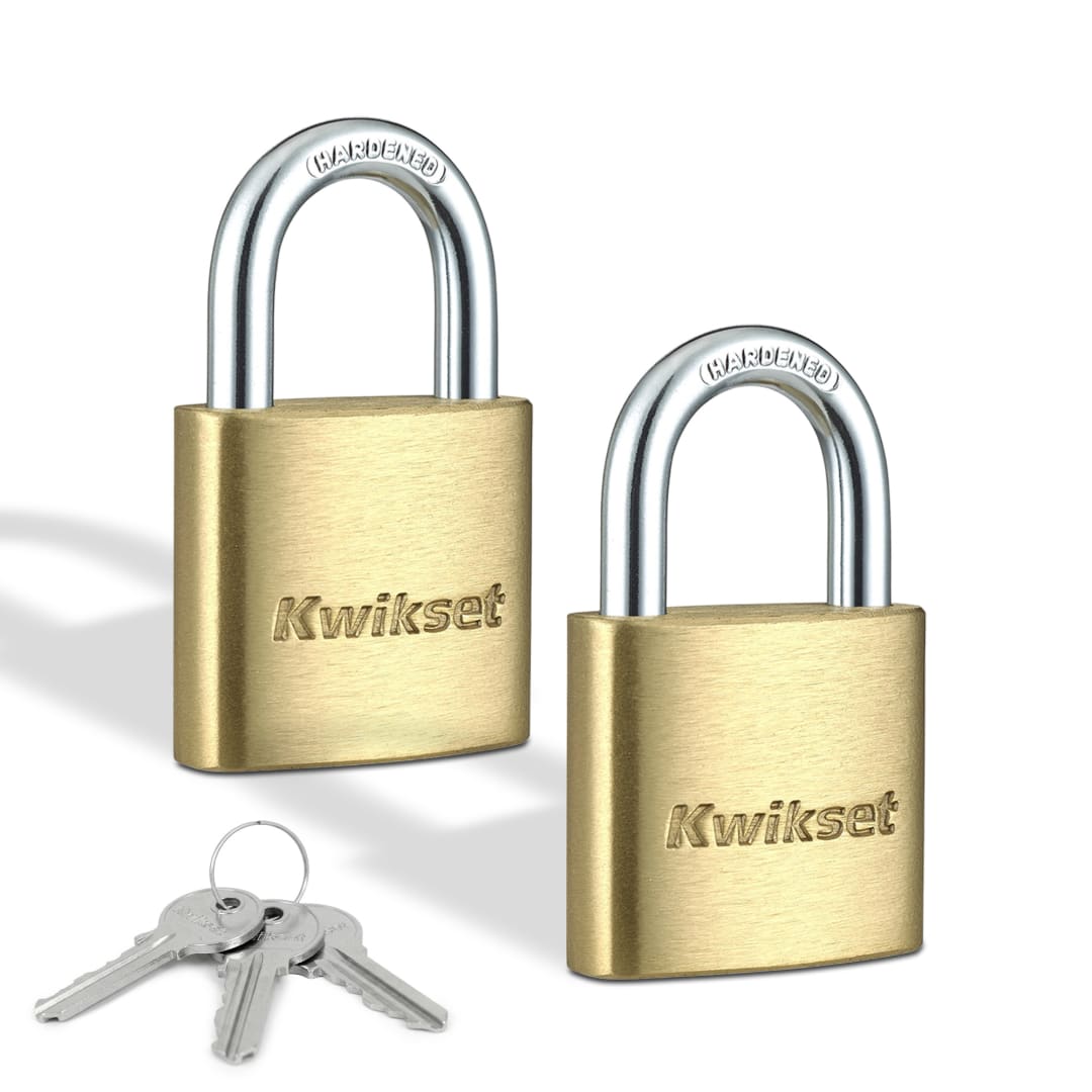 Kwikset Brass Padlock with Hardened Steel Shackle, 1-3/16 in Body, 5/8 in Shackle, 2 Pack