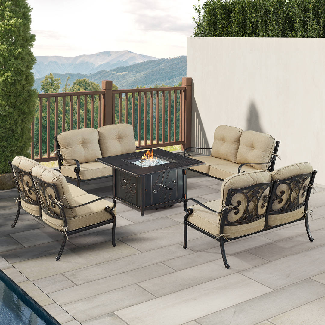 Black Aluminum Patio Fire Table Set with Four Deep Seating Loveseat with Cushions