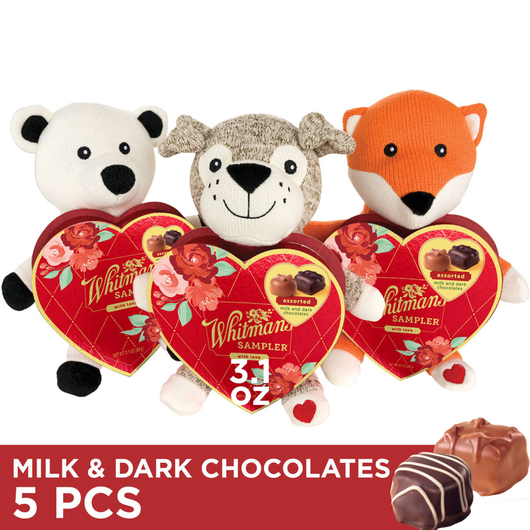 WHITMAN'S SAMPLER Plush Animal with Floral Heart Assorted Milk & Dark Chocolate Candy Gift Box, 3.1 oz.
