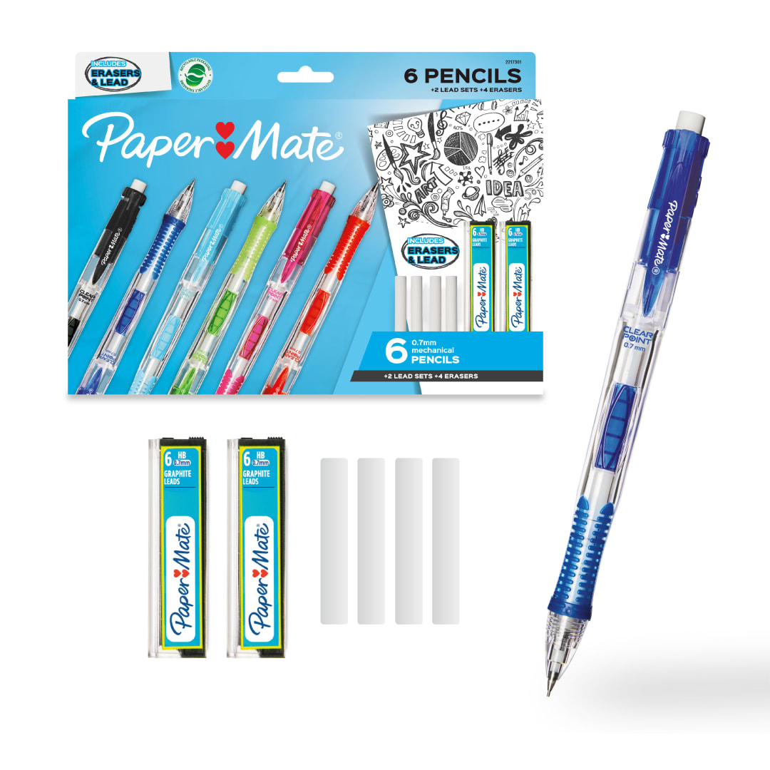 Paper Mate Clearpoint Mechanical Pencil, HB #2 Lead (0.7mm), 6 Pencils, 2 Lead Sets, 4 Erasers