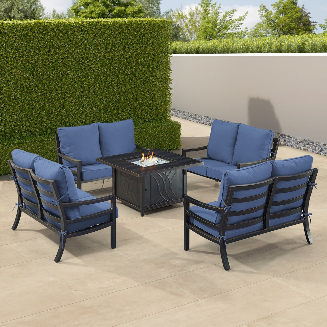 Black Aluminum Patio Fire Table Set with Four Deep Seating Loveseat with Cushions