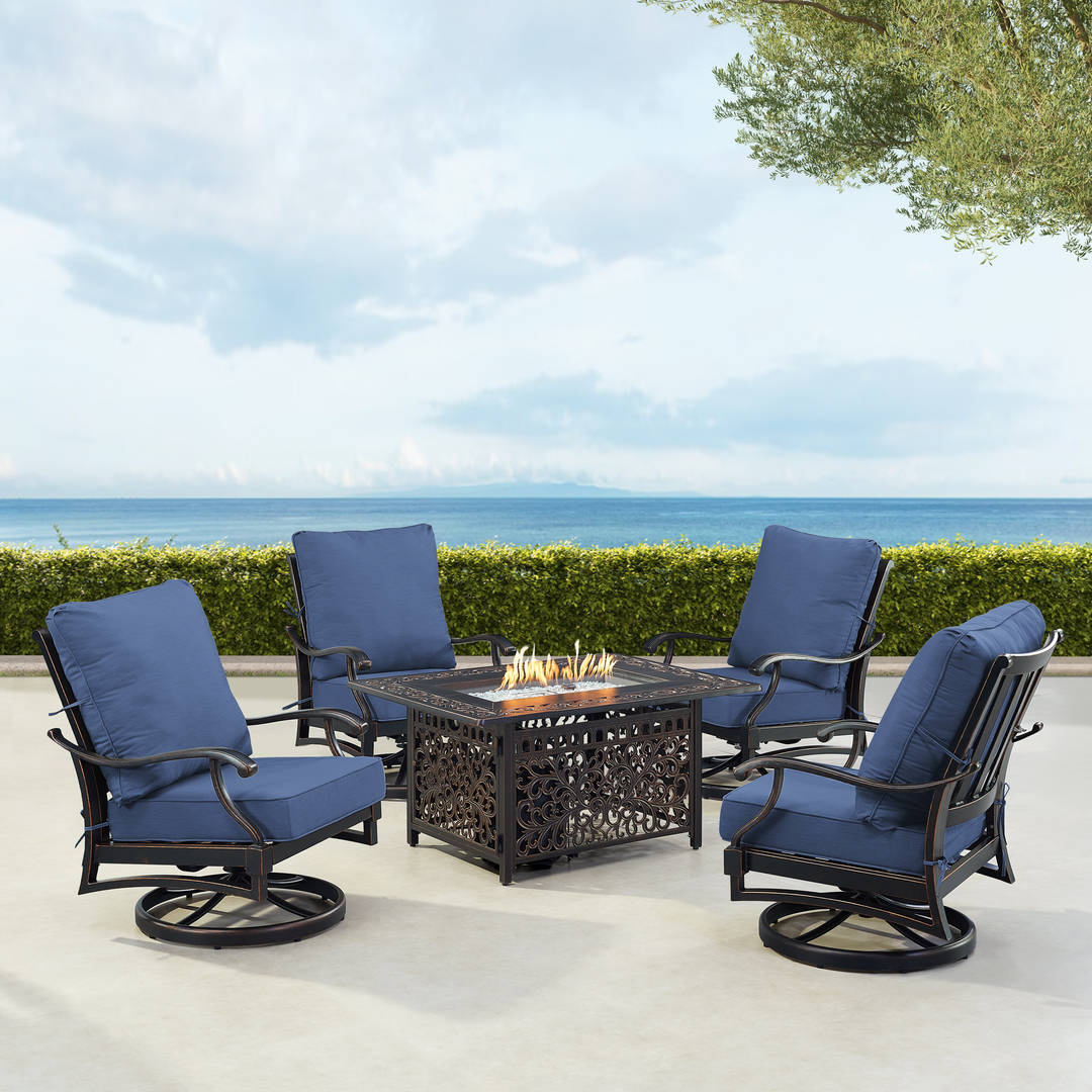 Black Aluminum Patio Fire Table Set with Four Club Chairs