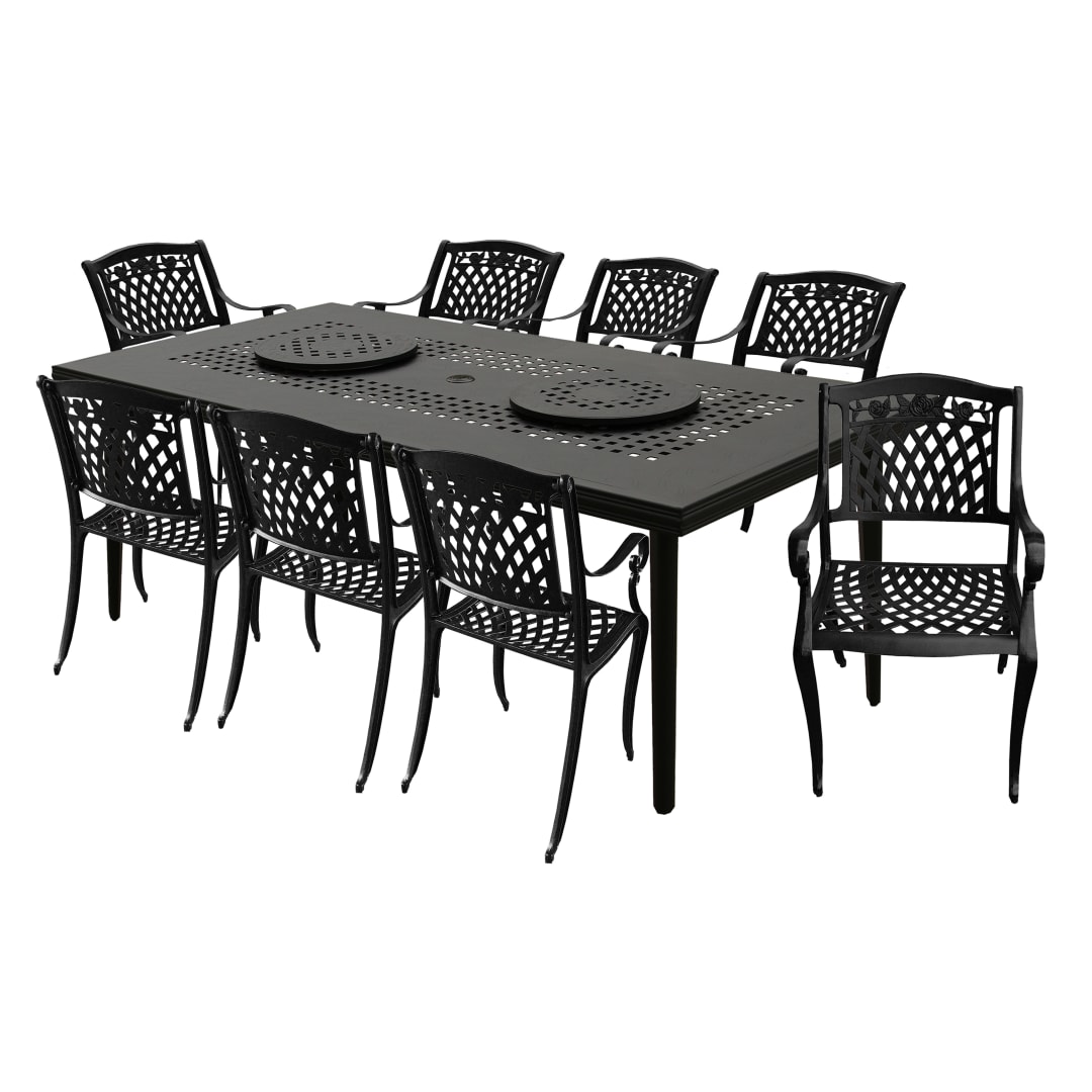Modern Ornate Outdoor Mesh Aluminum 84-in Large Black Rectangular Patio Dining Set with Two Lazy Susans and Eight Chairs