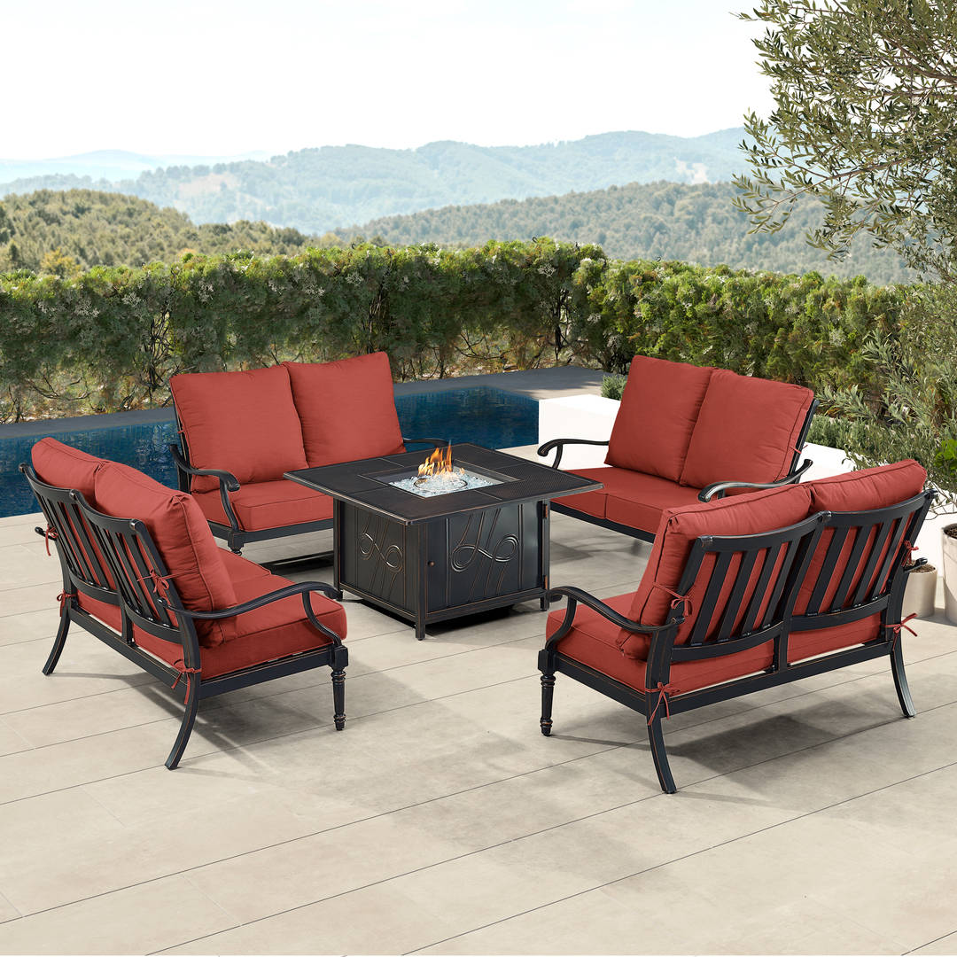 Black Aluminum Patio Fire Table Set with Four Deep Seating Loveseat with Cushions