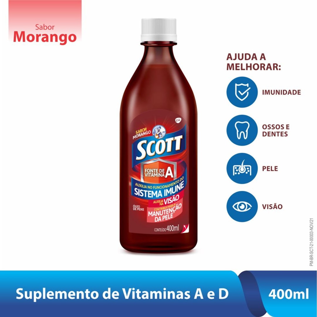 Scott Suplemento alimentar em emulsão de Vitaminas A e D Sabor Morango Frasco com 400ml