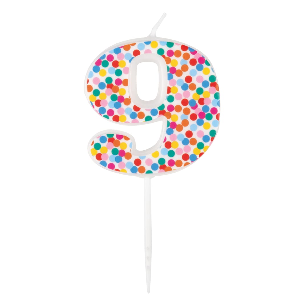 Packed Party Number 9 Confetti Patterned White Pick Birthday Candle