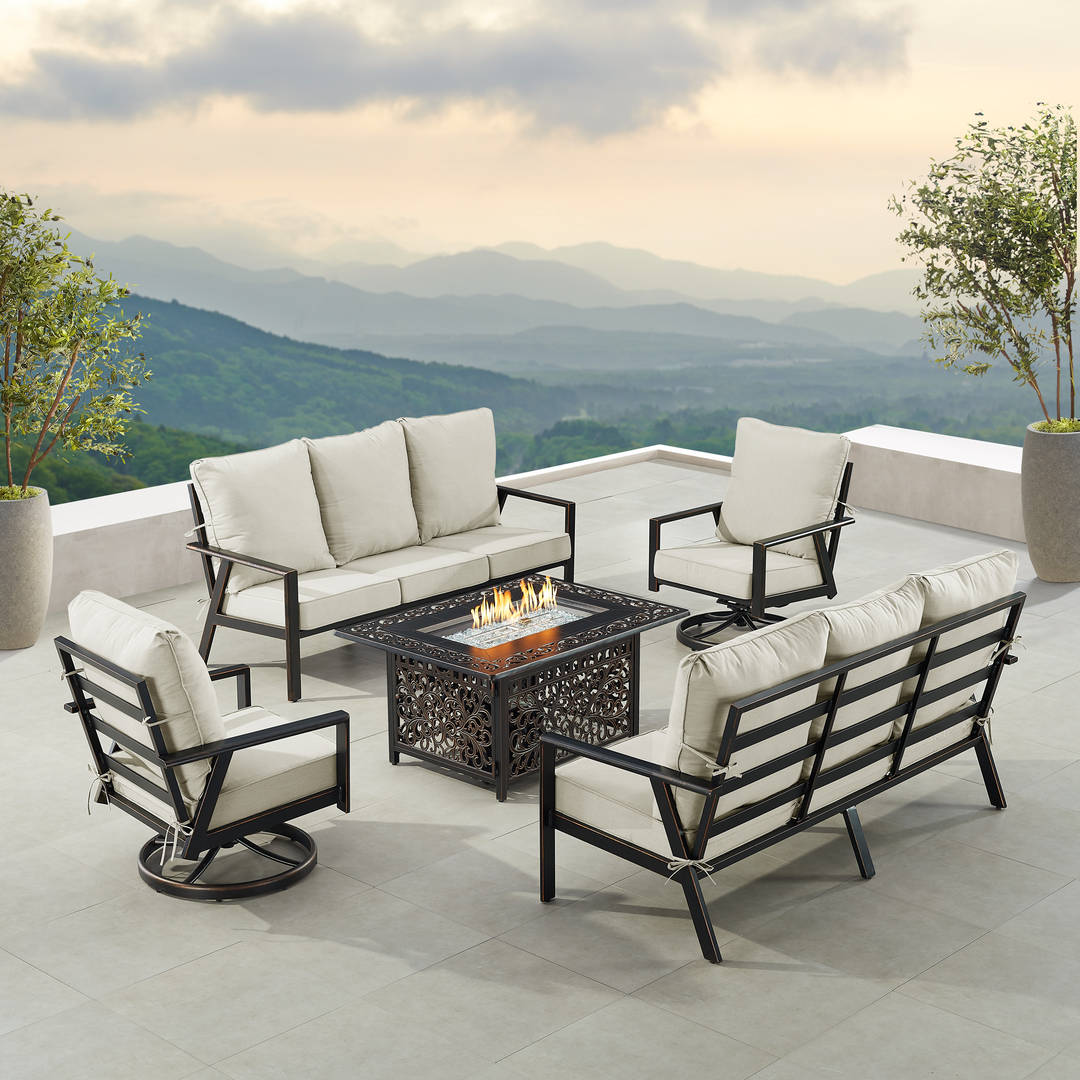 Black Aluminum Patio Fire Table Set with Two Deep Seating Sofa with Cushions and Two Club Chairs