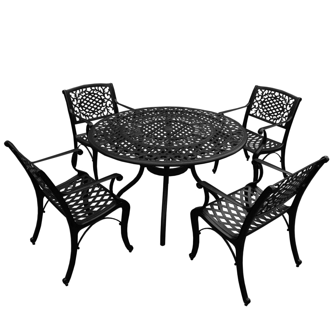 Modern Ornate Outdoor Mesh Aluminum 48-in Black Round Patio Dining Set with Four Chairs