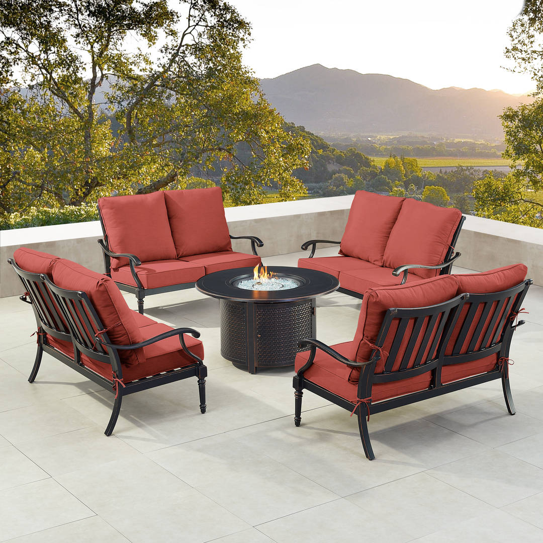 Black Aluminum Patio Fire Table Set with Four Deep Seating Loveseat with Cushions