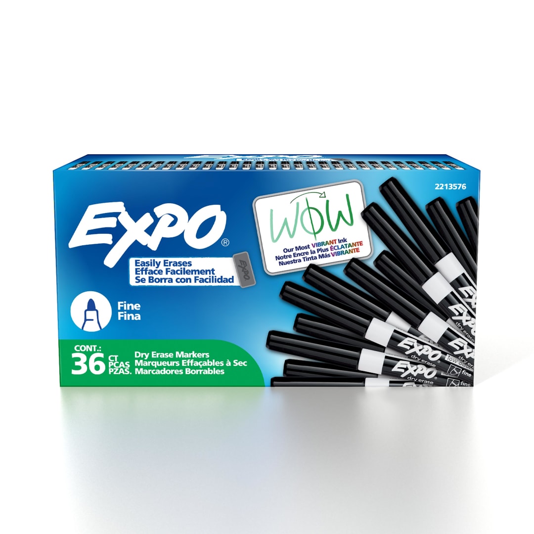 EXPO Dry Erase Markers, Low Odor Ink, Black, Fine Tip, 36 Count