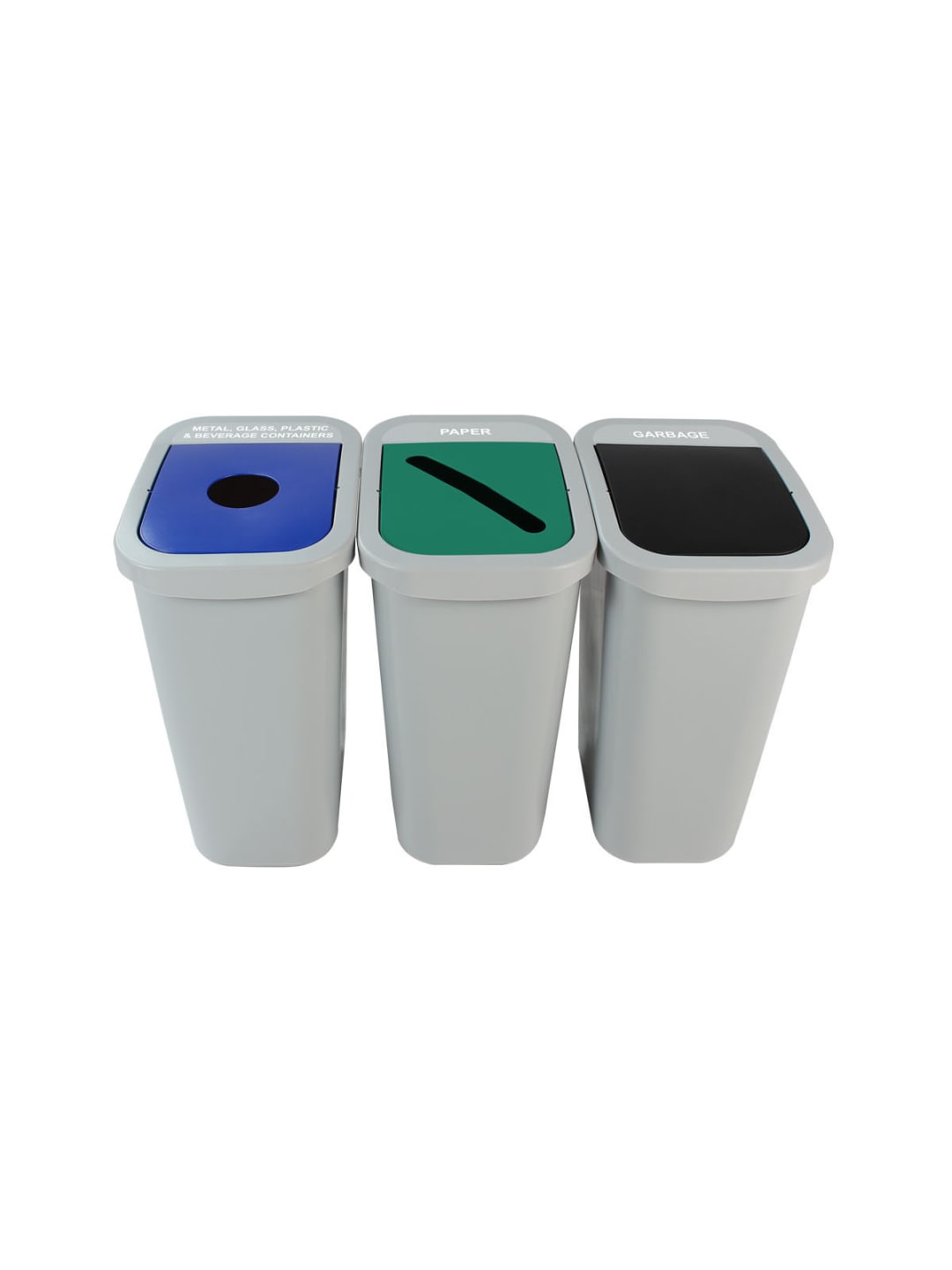  BILLI BOX - Triple - Kit - Nyc Compliant - Metal, Glass, Plastic &amp; Beverage Containers-Paper-Garbage - Circle-Slot-Swing - Grey-Blue-Green-Black