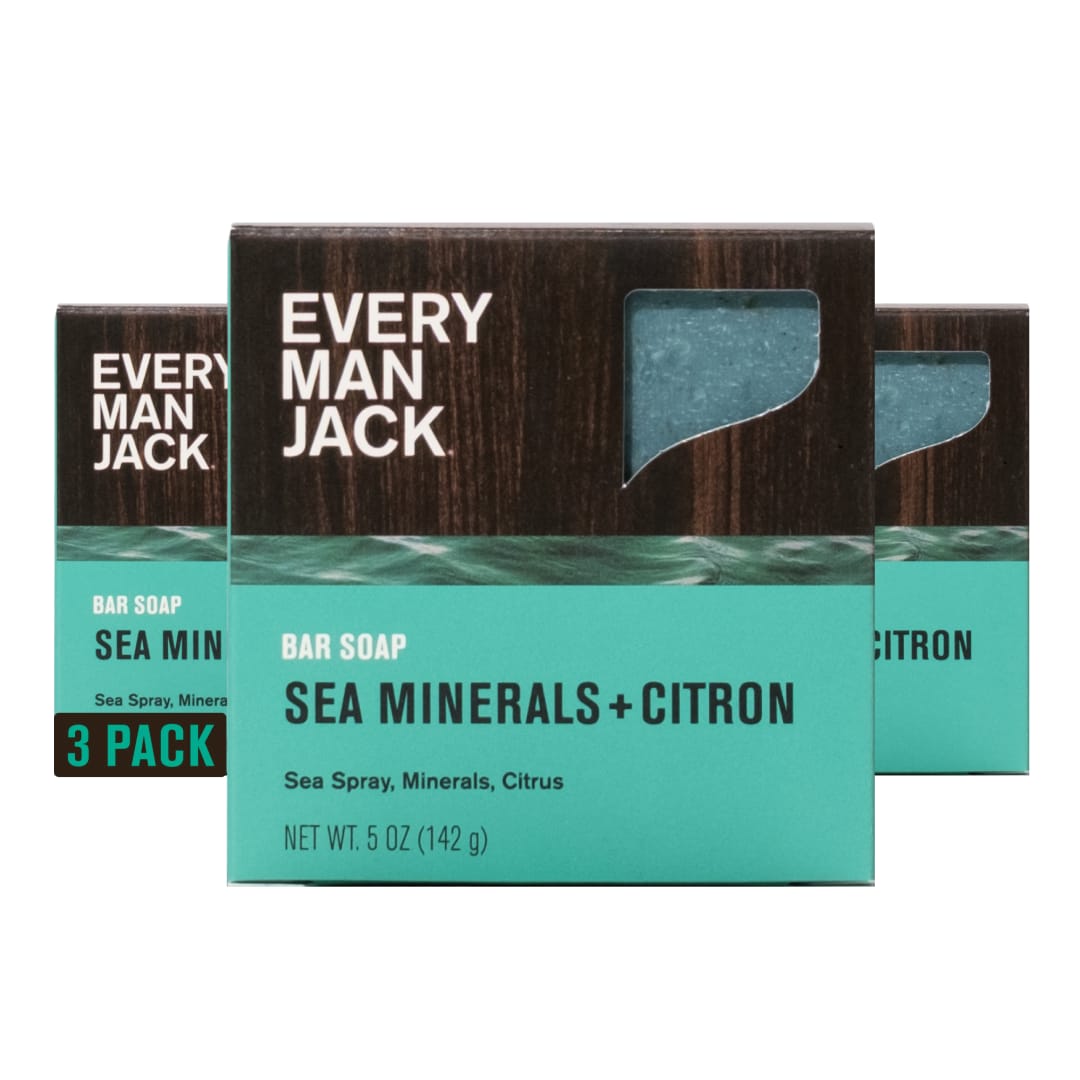 Every Man Jack Cold Processed Mens Bar Soap - Sea Minerals + Citron Scent - Deeply Cleans & Hydrates with Shea Butter and Coconut Oil - (3 Pack)