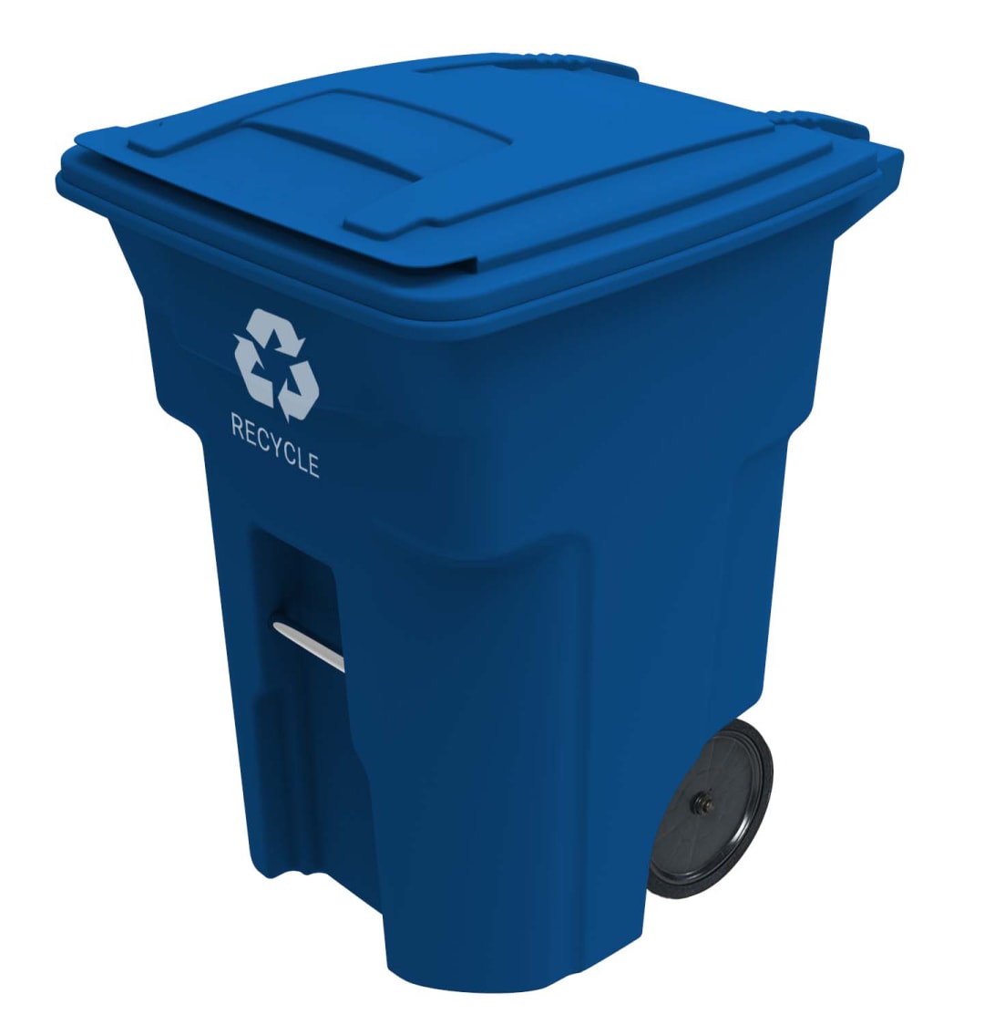 96 Gal. Blue Trash Can with Quiet Wheels and Attached Blue Lid