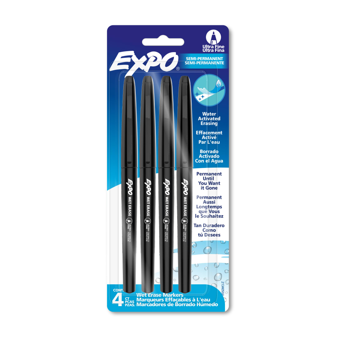 EXPO Wet Erase Markers, Semi-Permanent Markers, Black, Ultra Fine Tip, 4 Count