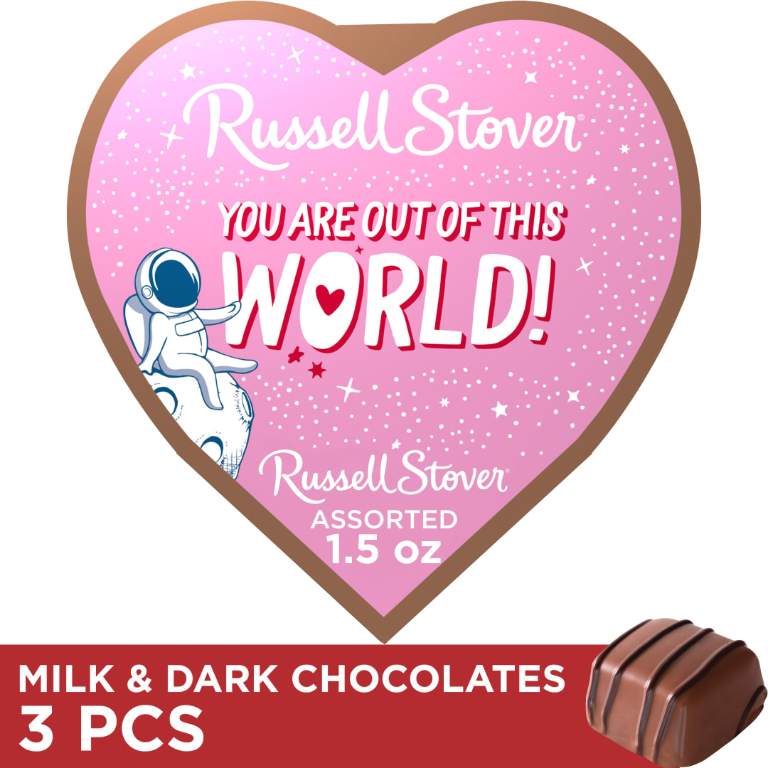 RUSSELL STOVER Valentine's Day Cosmic Heart Assorted Milk &amp; Dark Chocolate Candy Gift Box, 1.5 oz.