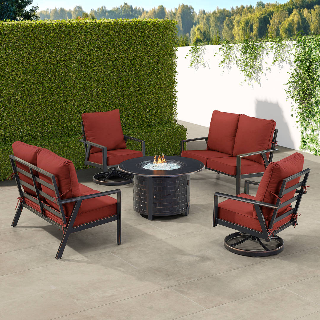 Black Aluminum Patio Fire Table Set with Two Deep Seating Loveseat with Cushions and Two Club Chairs