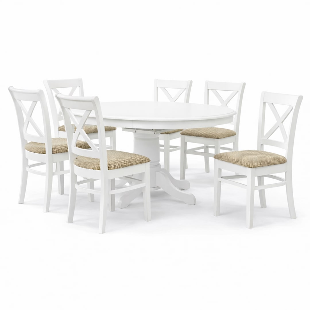 Traditional 7-Piece Inch Oval Extendable Dining Set, White Finish with Brown Polyester Upholstered Chairs, Solid Rubberwood