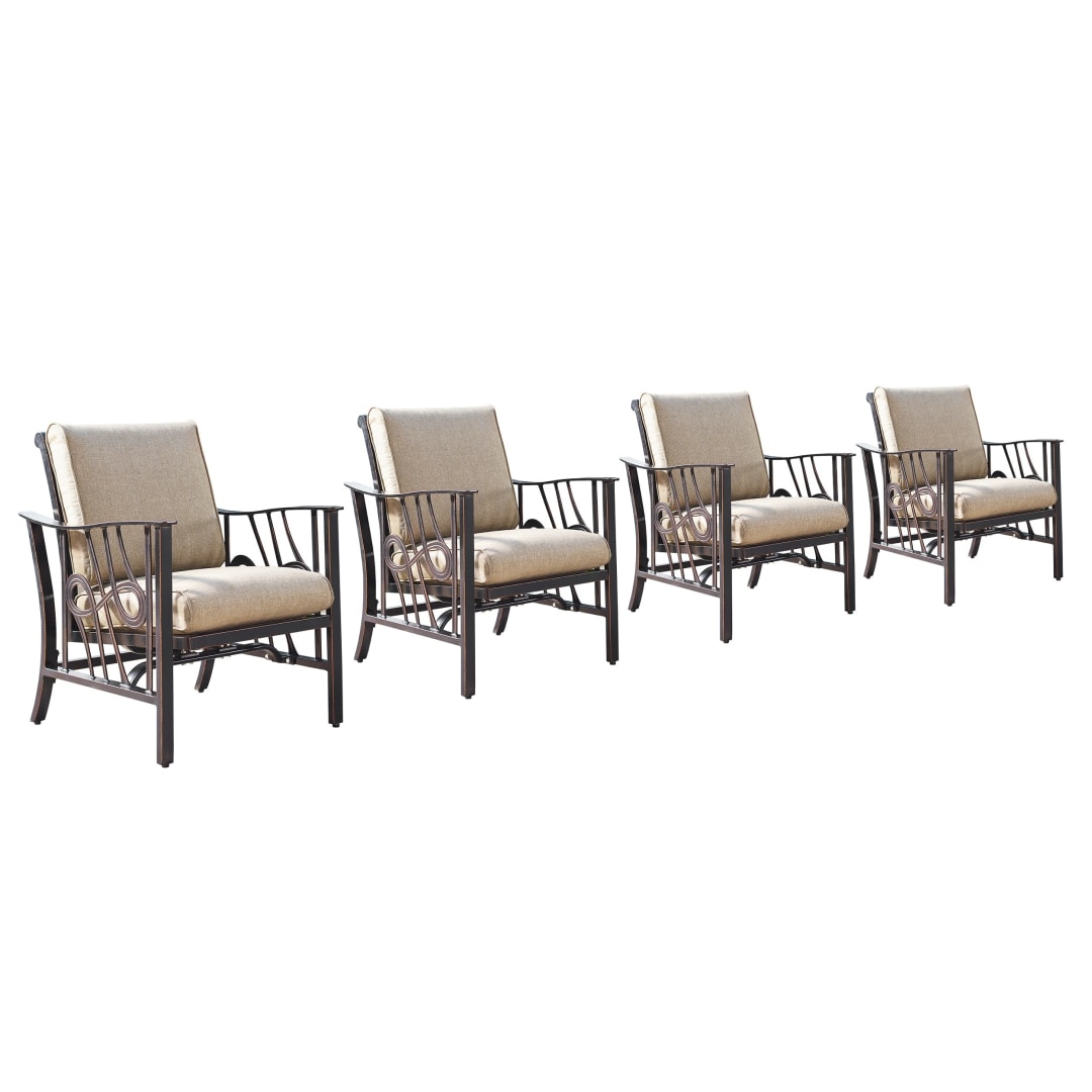 Aluminum Outdoor Deep Seating Rocking Club Chairs in Antique Copper Finish with Thick Tan Polyester Cushions (set of 4)