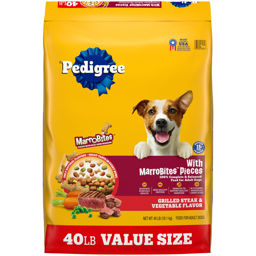 Pedigree With MarroBites Pieces Adult, Grilled Steak and Vegetable Flavor Dry Dog Food, 40 lb Bag