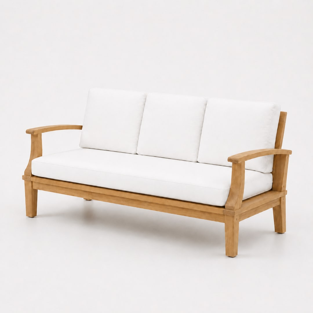 69" Teak Outdoor Patio Sofa with Snow White Cushions
