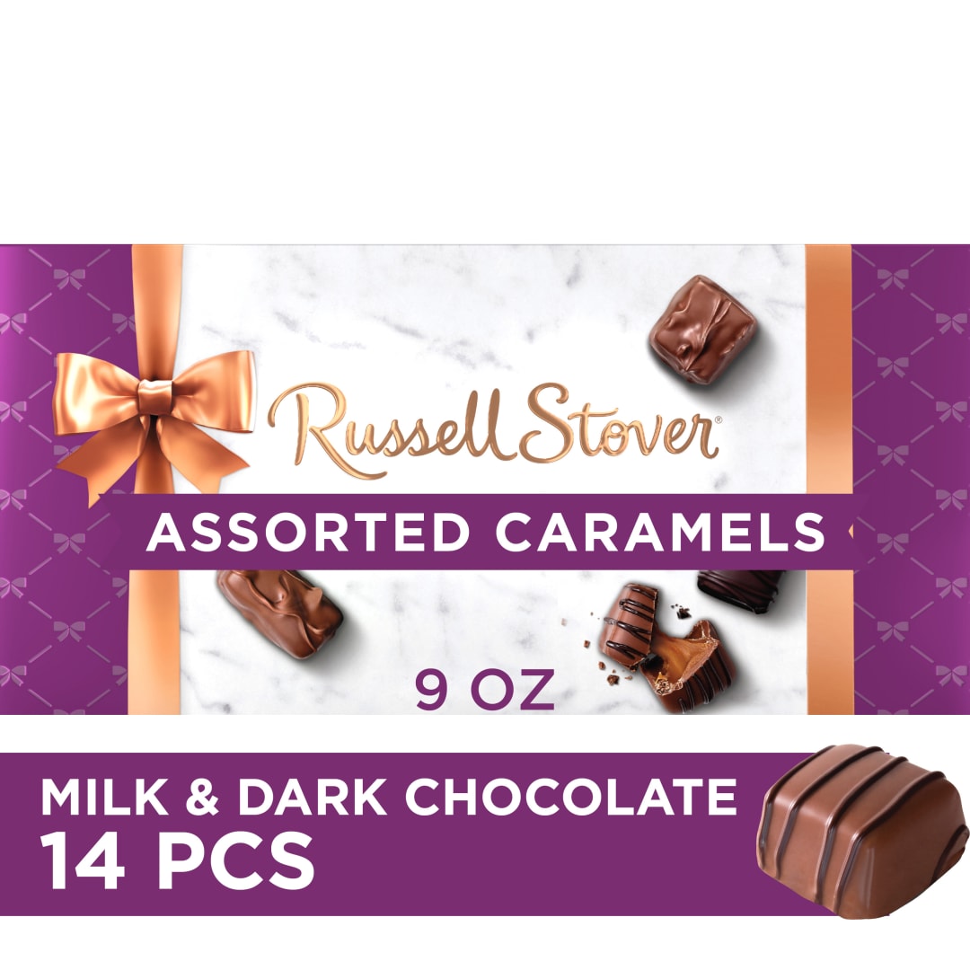 RUSSELL STOVER Assorted Caramels in Milk & Dark Chocolate Candy Gift Box, 9 oz.
