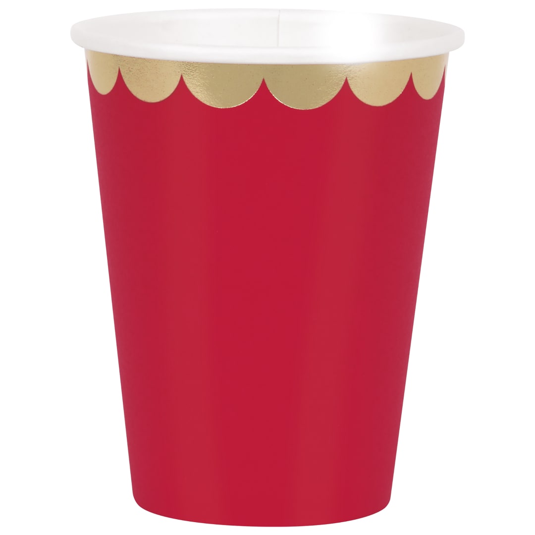 Red Scalloped Edge 12oz Paper Cups, 8ct - Foil Stamping