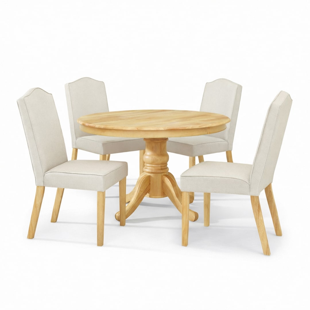Modern 5-Piece 47 Inch Round Dining Set, Natural Finish with Light Beige Polyester Upholstered Chairs, Solid Rubberwood