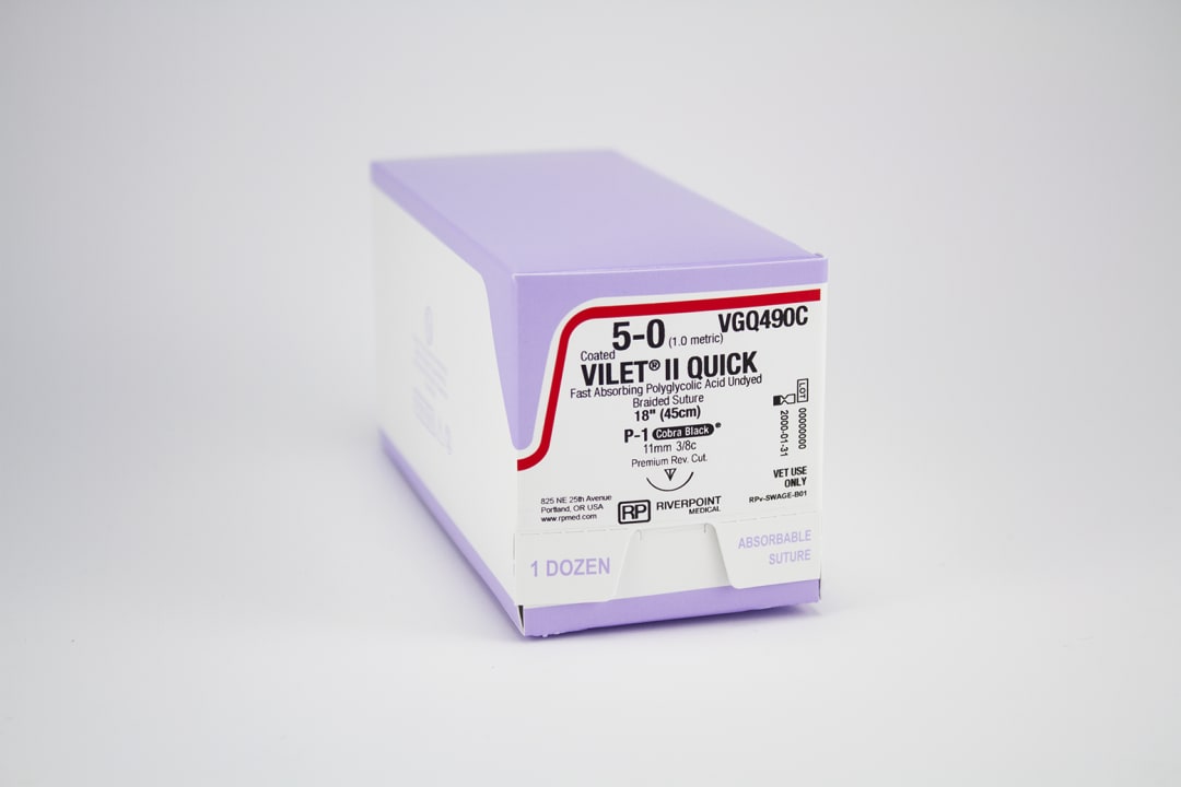 Vilet II Quick PGA Suture, USP 5-0 with 11mm P-1 Premium Reverse Cutting 3/8 Circle Cobra Black Dental Needle, Undyed, 45cm, Sterile