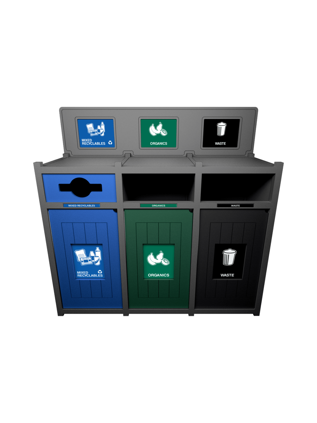  VISION - Triple - Unit - Mixed Recyclables-Organics-Waste - Mixed-Full-Full - Grey-Blue-Green-Black