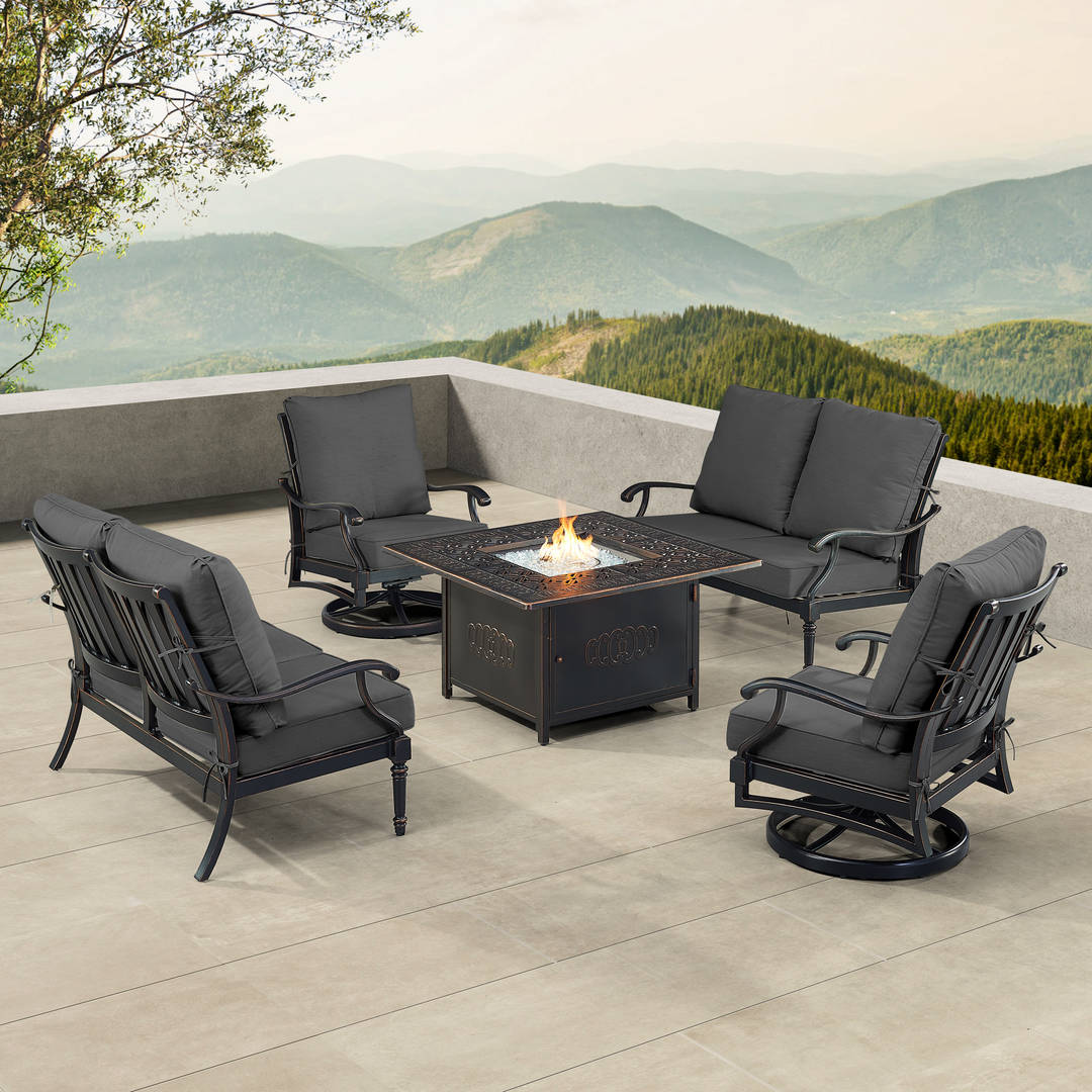 Black Aluminum Patio Fire Table Set with Two Deep Seating Loveseat with Cushions and Two Club Chairs