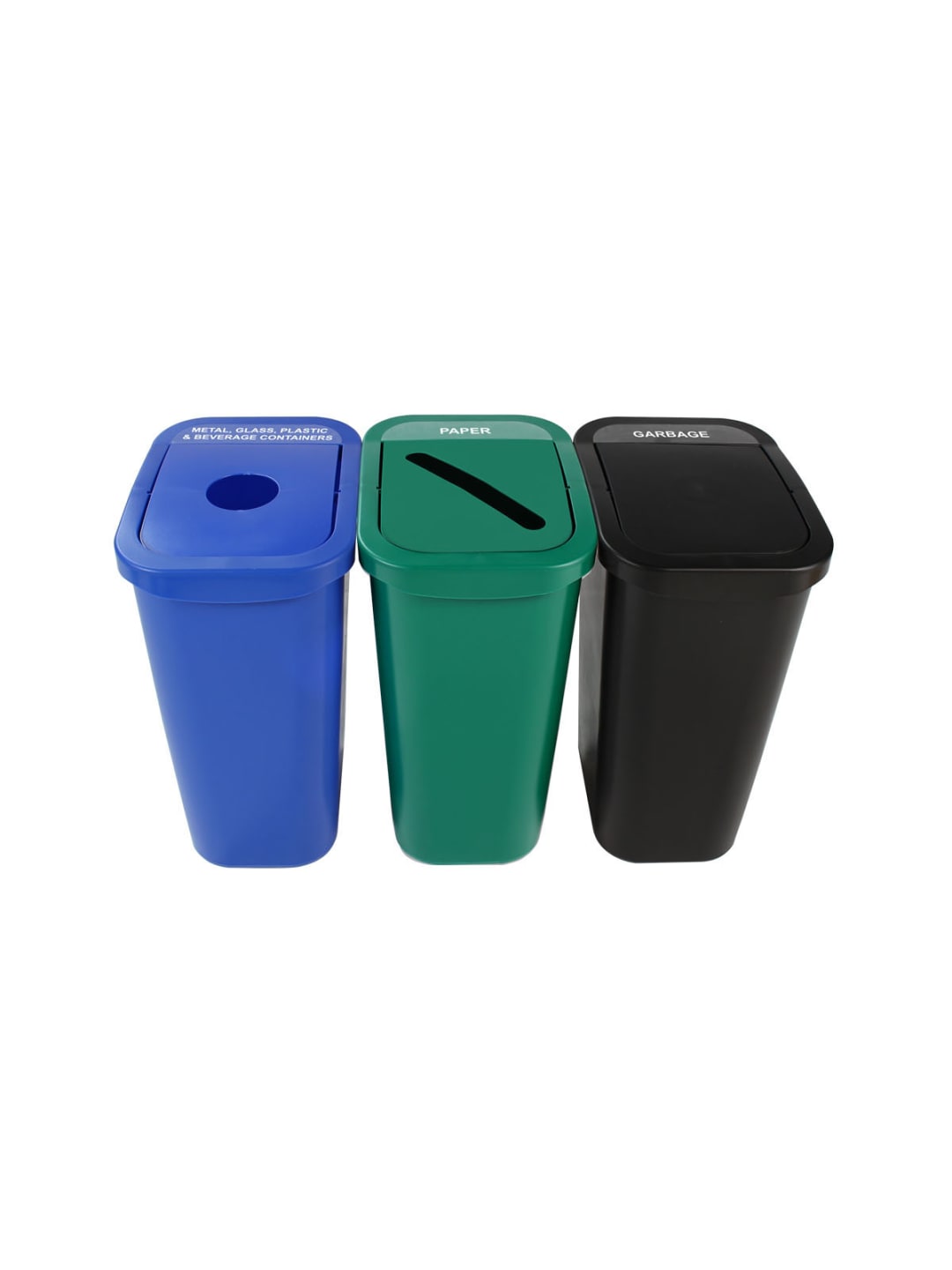  BILLI BOX - Triple - Kit - Nyc Compliant - Metal, Glass, Plastic &amp; Beverage Containers-Paper-Garbage - Circle-Slot-Swing - Blue-Green-Black
