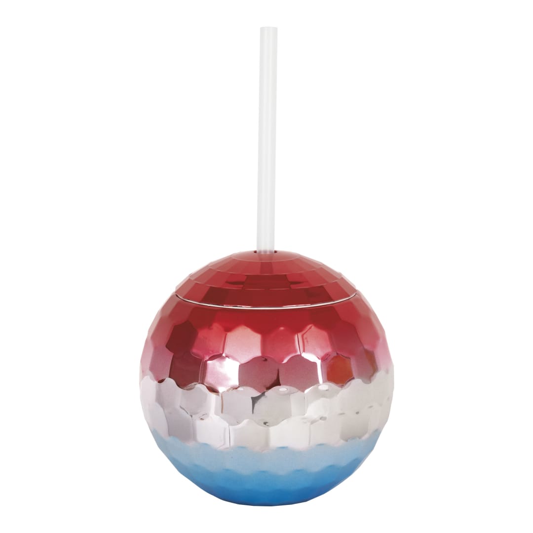 Red, White &amp; Silver Ombre Disco Ball Shaped 19.5oz Reusable Plastic Cup with Straw