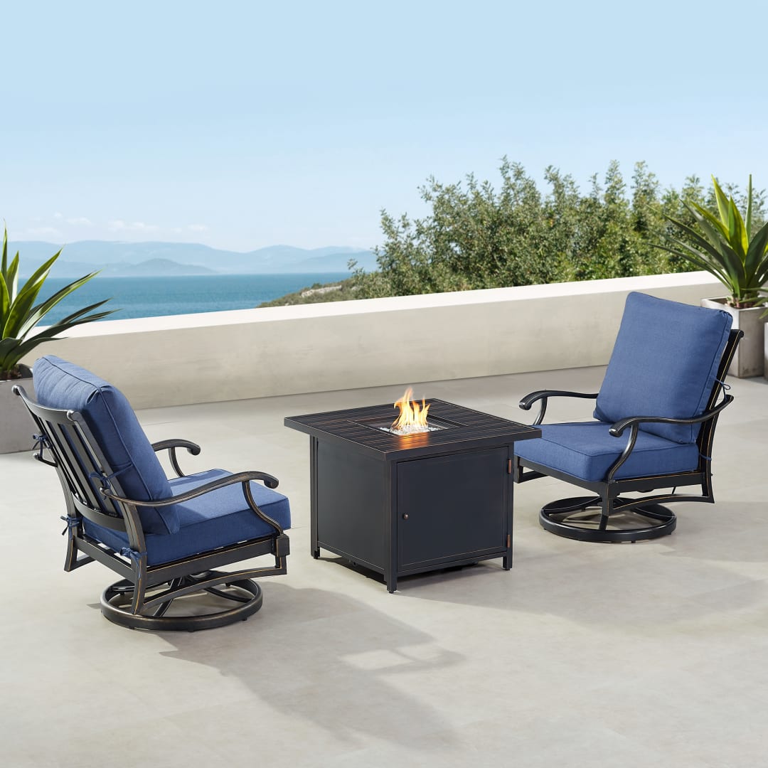 Black Aluminum Patio Fire Table Bistro Set with Two Club Chairs