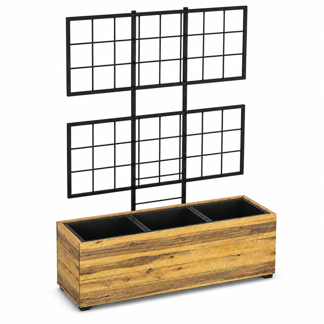 Modern Indoor/Outdoor 31.1 in. Golden Teak Acacia Wood Raised Planter Box with Trellis