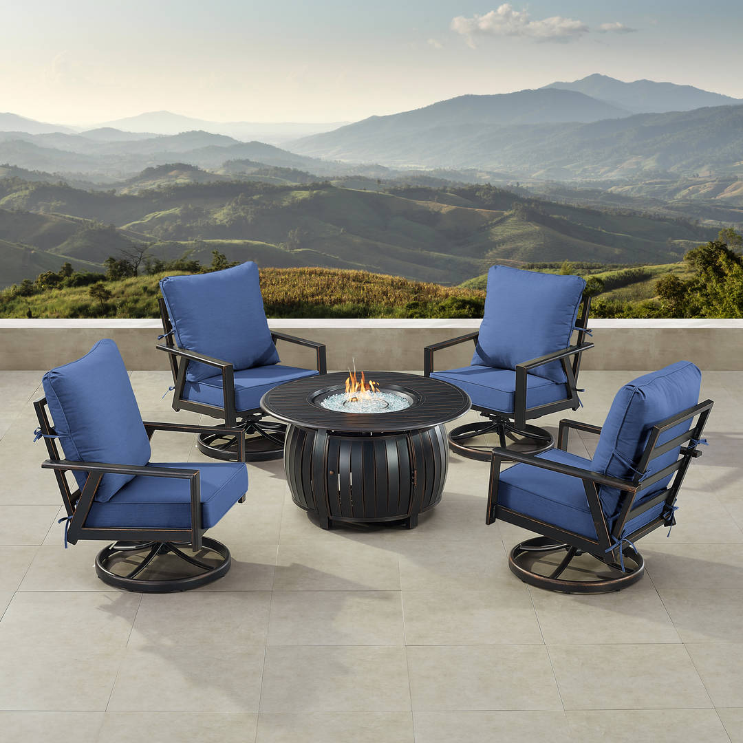 Black Aluminum Patio Fire Table Set with Four Club Chairs