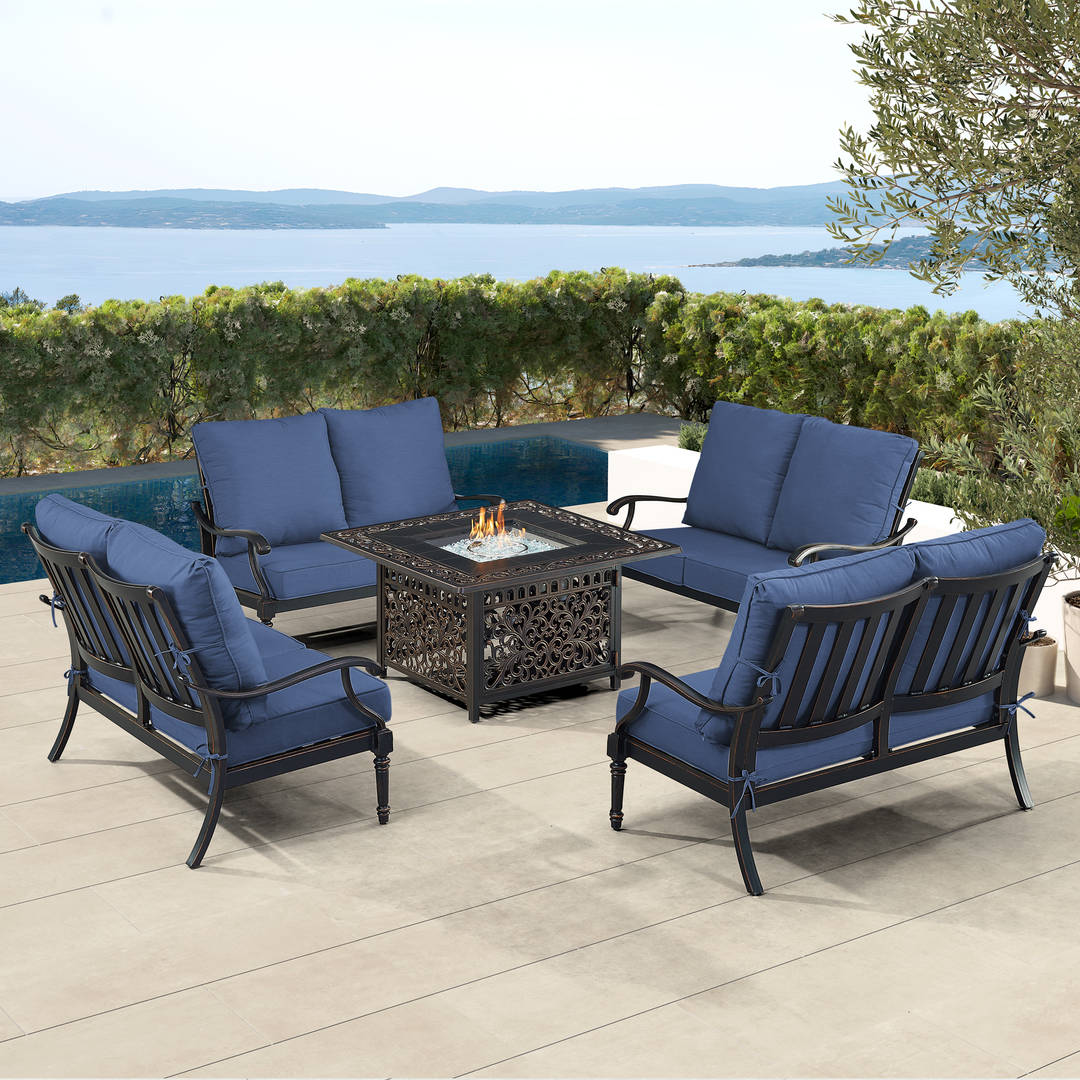 Black Aluminum Patio Fire Table Set with Four Deep Seating Loveseat with Cushions