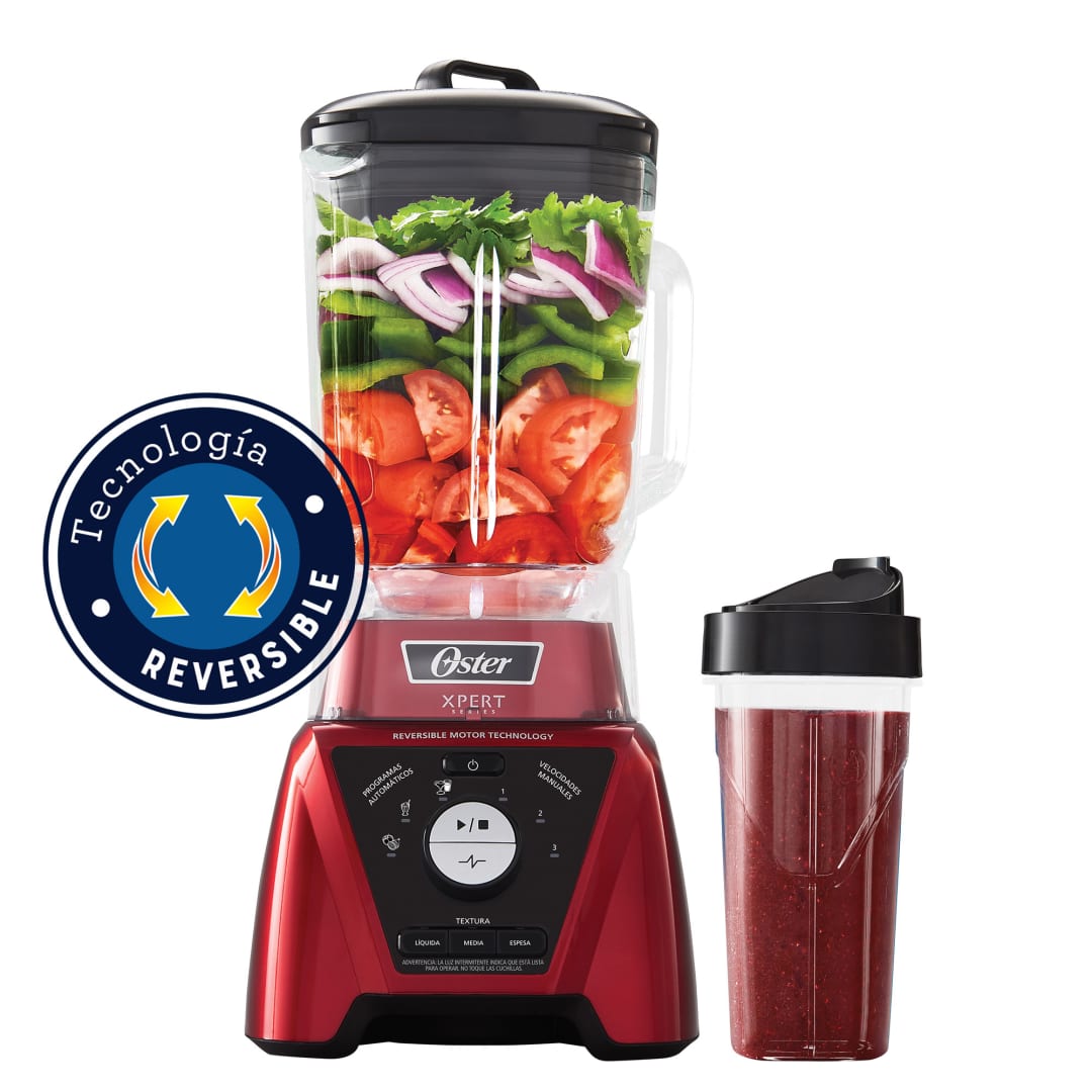 Oster® Licuadora Xpert Series™, con Tecnología de Motor Reversible con Control de Texturas, Vaso de Vidrio y Vaso de Tritan™ Blend-N-Go, Roja BLST3B-RPG