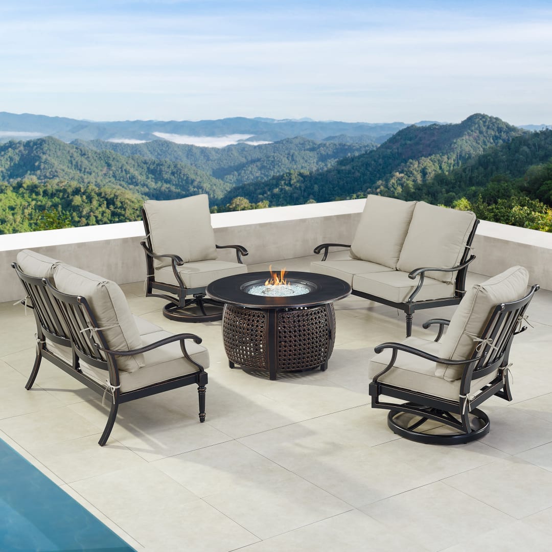 Black Aluminum Patio Fire Table Set with Two Deep Seating Loveseat with Cushions and Two Club Chairs
